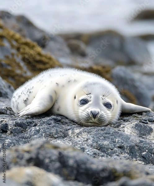 Fototapeta Baby seal resting on rocky shore with soft natural lighting
