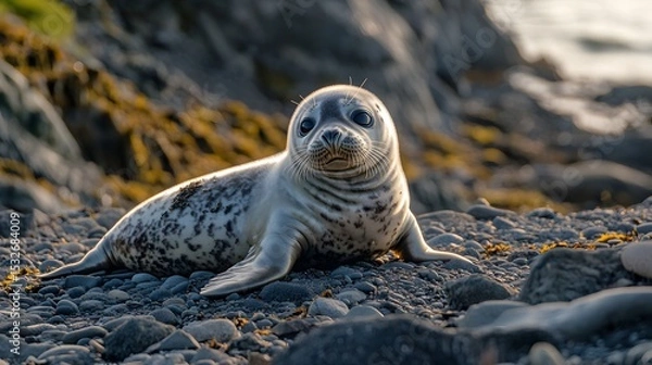 Fototapeta Baby seal resting on rocky shore with soft natural lighting
