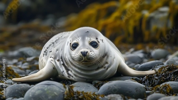 Fototapeta Baby seal resting on rocky shore with soft natural lighting