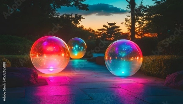 Fototapeta Colorful orbs illuminating a garden path at dusk.