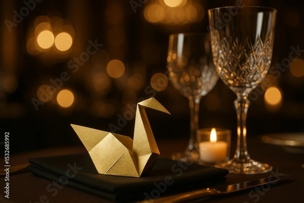 Fototapeta Elegant golden origami crane placed on a dark table setting with crystal glasses and soft candlelight ambiance at a restaurant