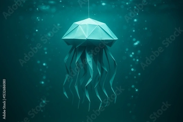 Fototapeta Creatively folded origami jellyfish suspended underwater, showcasing intricate paper artistry