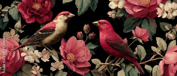 Obraz Two birds perched among vibrant red and white flowers against a dark background creating a beautiful scene
