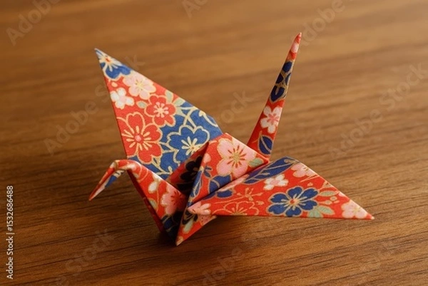 Fototapeta Colorful origami crane crafted from decorative paper resting on a wooden surface
