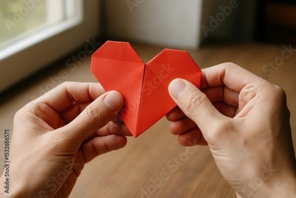 Fototapeta Hands holding a red origami heart while seated near a sunny window in a cozy room