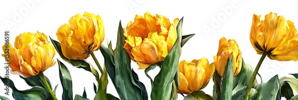 Obraz A row of vibrant yellow tulips with green leaves against a stark white background in an artistic style