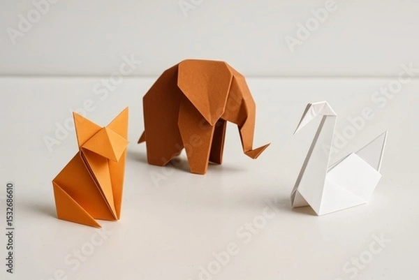 Fototapeta Colorful origami animals including a fox, elephant, and swan displayed on a clean table