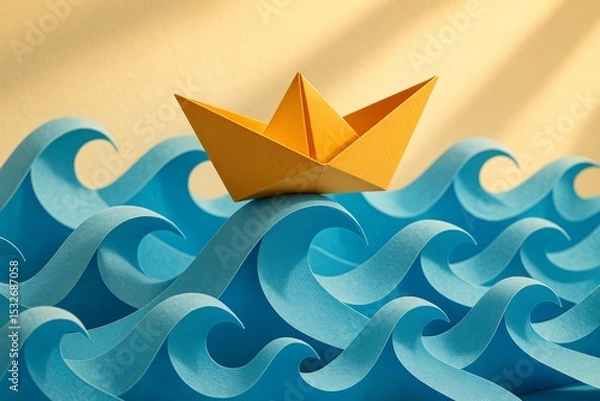 Fototapeta Bright yellow origami boat floating on vibrant blue paper waves during creative art project
