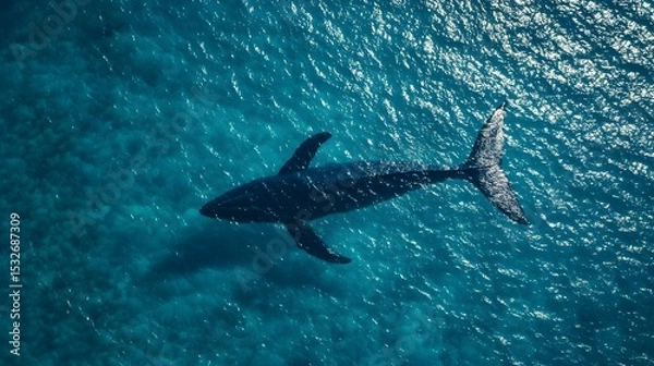 Fototapeta shadow of a blue whale in the sea seen from the air