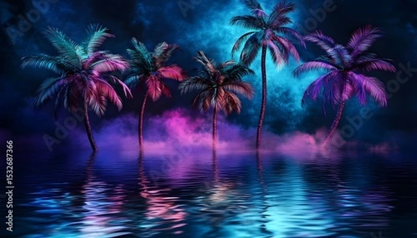 Fototapeta Neon palm trees reflected in a tranquil body of water.