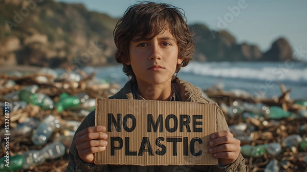 Obraz A Plea for the Planet: A young individual stands amidst a scene of ocean pollution, holding a sign, conveying a powerful message about the urgency of reducing plastic waste to protect our planet.