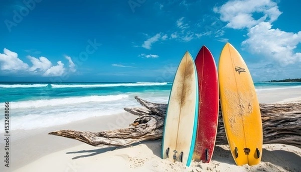 Fototapeta Surfboards resting on a driftwood log on a tropical beach.