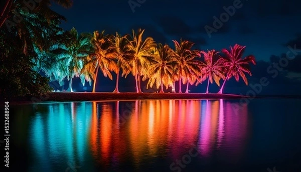 Fototapeta Vibrant palm trees illuminated by colorful lights at night.