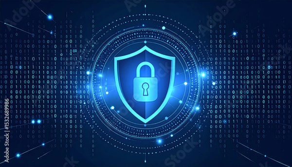 Fototapeta Binary code security sheild lock on blue technology background