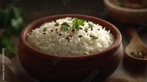 Fototapeta Steaming Basmati Rice: A Culinary Delight in Rustic Clay Bowl