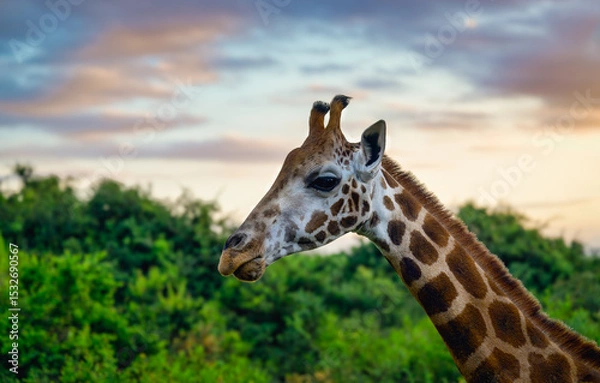 Fototapeta 2025-01-04 A SIDE SHOT OF A MATURE GIRAFFE WITH A DARK EYE AND NICE MARKINGS WITH A GOLD COLORED SUNSET IN KENYA