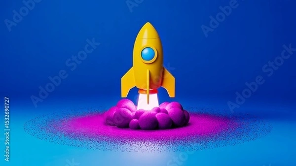 Fototapeta Yellow rocket launching with colorful smoke cloud in futuristic 3d illustration
