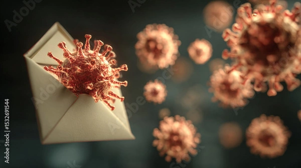 Obraz A close up of coronavirus particles emerging from an envelope on a dark background in a studio shot
