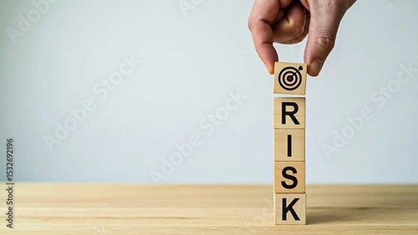 Fototapeta Hand placing wooden block spelling risk with target icon representing decision making
