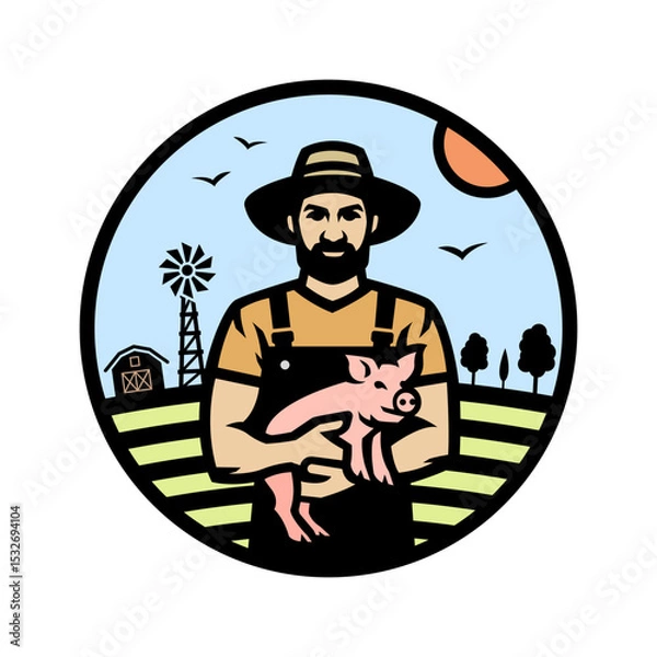 Obraz A farmer holding a piglet in his hands against the background of a farm logo, emblem.