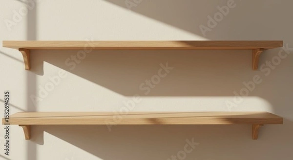 Fototapeta Two light wood shelves installed on a cream-colored wall with sunlight shadows creating a minimalist aesthetic