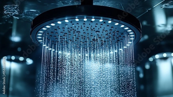 Obraz LED Showerhead with Water Flowing, and Bathroom.