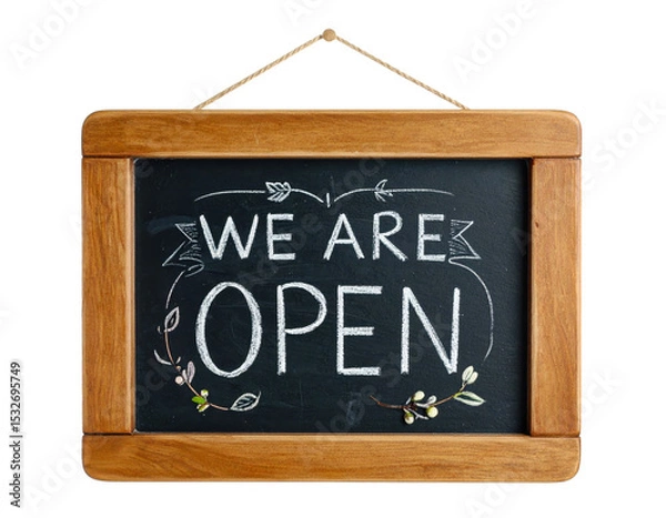Fototapeta A wooden sign that says "We are open" with a chalkboard background. The sign is hanging on a white background