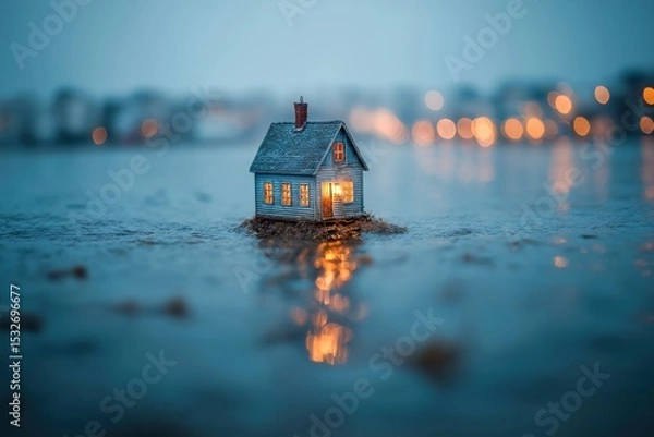 Obraz Conceptual Still Life of a Miniature Model House with Warm Light Reflections on Water