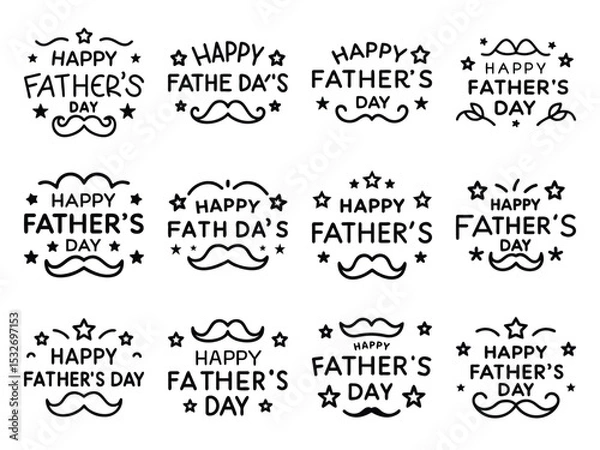 Obraz Collection of Black and White Happy Father’s Day Badge Icons Featuring Mustache, Stars, and Decorative Typography for Celebration Graphics and Greeting Card Designs