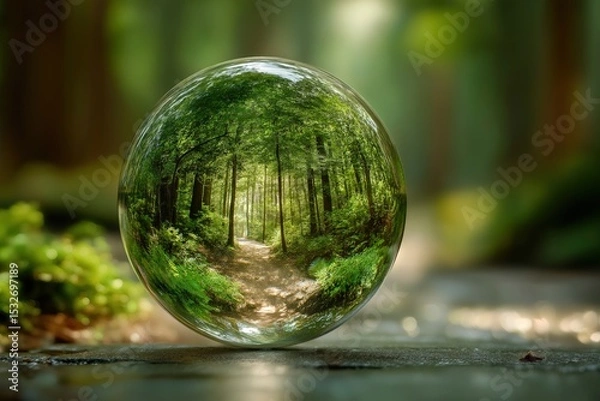 Obraz Crystal Ball Reflecting Lush Green Forest Pathway Surrounded by Sunlight