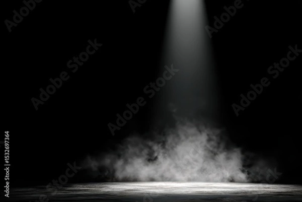 Obraz Spotlight beam illuminates stage with smoke and dark atmosphere, anticipating performance or event.
