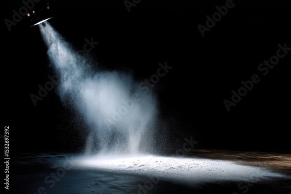 Obraz Dramatic stage spotlight creates ethereal atmosphere with swirling fog and shadows for theatrical performances.