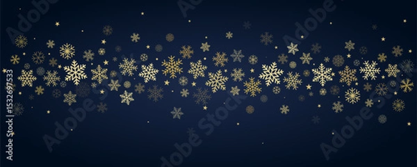 Fototapeta Christmas snowflakes background. Winter gold snow falling, blue minimal decoration with snow flakes and stars, greeting card. Vector illustration