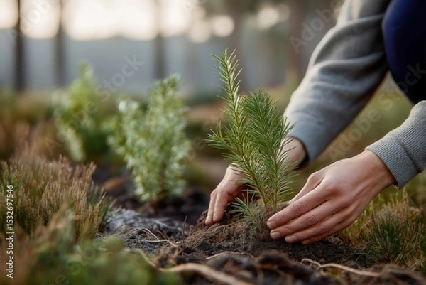 Obraz Diverse Group of People Engaged in Sustainable Planting Activity During Warm Sunset