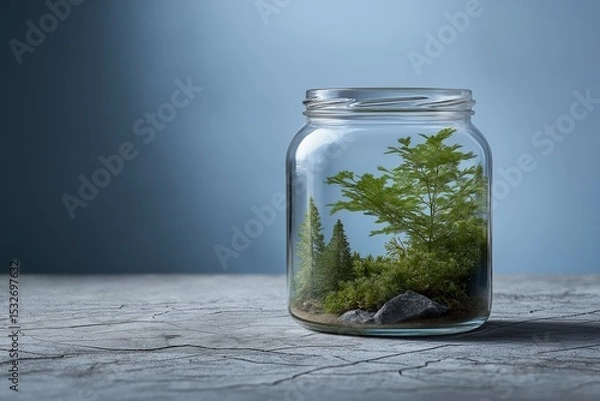 Obraz Conceptual Still Life of a Tranquil Green Forest Scene Inside a Glass Jar