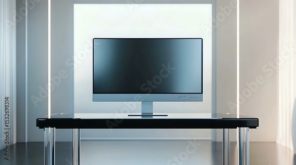 Obraz Slim PC monitor on a sleek black glass table with LED ambient lighting and clear surroundings