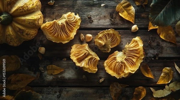 Fototapeta Close-Up View of Golden Mushrooms on Dark Wood