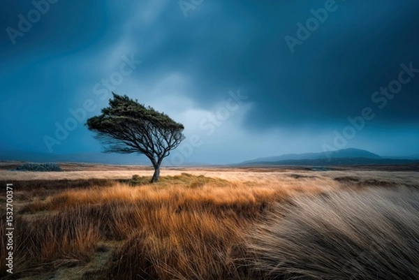 Obraz Dramatic Landscape Featuring a Lone Tree Against Moody Cloudy Sky and Golden Grass