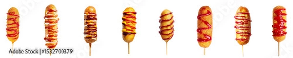 Fototapeta Flat lay view set of corn dogs with sauce isolated on transparent background