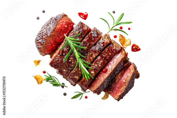 Fototapeta Sliced grilled beef steak with rosemary and pepper isolated on transparent background