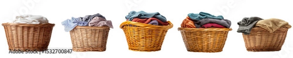Fototapeta Various laundry baskets with colorful and neutral clothes isolated on transparent background