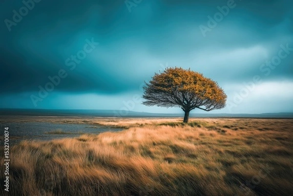 Obraz Dramatic Landscape of a Lone Tree Against a Stormy Sky in a Golden Field