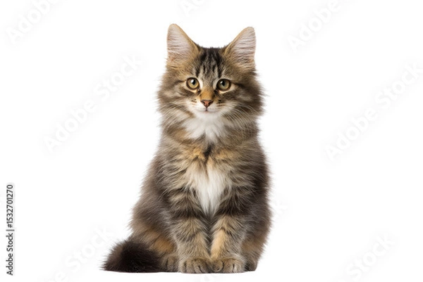 Fototapeta Fluffy brown long haired cat sitting and facing forward isolated on transparent background