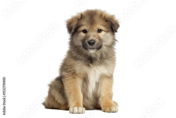 Fototapeta Fluffy puppy sitting and facing forward isolated on transparent background