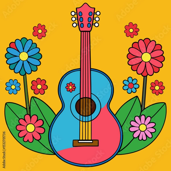 Obraz Guitar with Flowers toon style color background