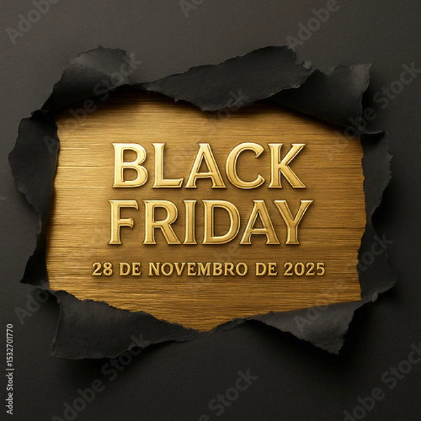 Fototapeta Design elegante de anúncio para Black Friday 2025, com texto dourado em fundo metálico e bordas rasgadas em preto, destacando a data promocional.