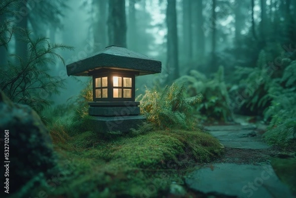 Obraz Dramatic Solar Powered Garden Lamp Illuminated in Misty Forest Setting