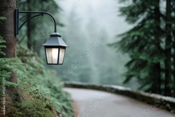 Obraz Dramatic Solar-Powered Garden Lamp Illuminating a Forest Pathway in Foggy Setting