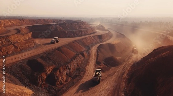Fototapeta Photo-realistic aerial view of open-pit mining site with heavy machinery, rocky overburden piles, gravel roads, and red soil terrain under hazy natural light