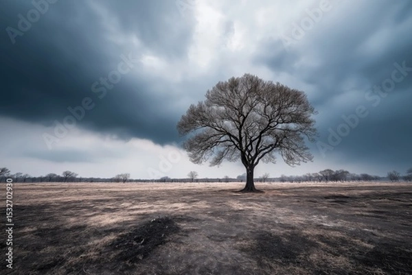Obraz Dramatic Wide Shot of a Single Charred Tree Under Dark Stormy Clouds